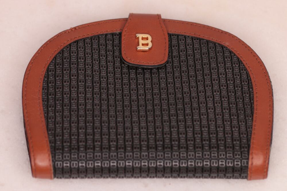 Vintage Bally B Monogram Coin Purse Brown Leather Trim Snap Pouch
